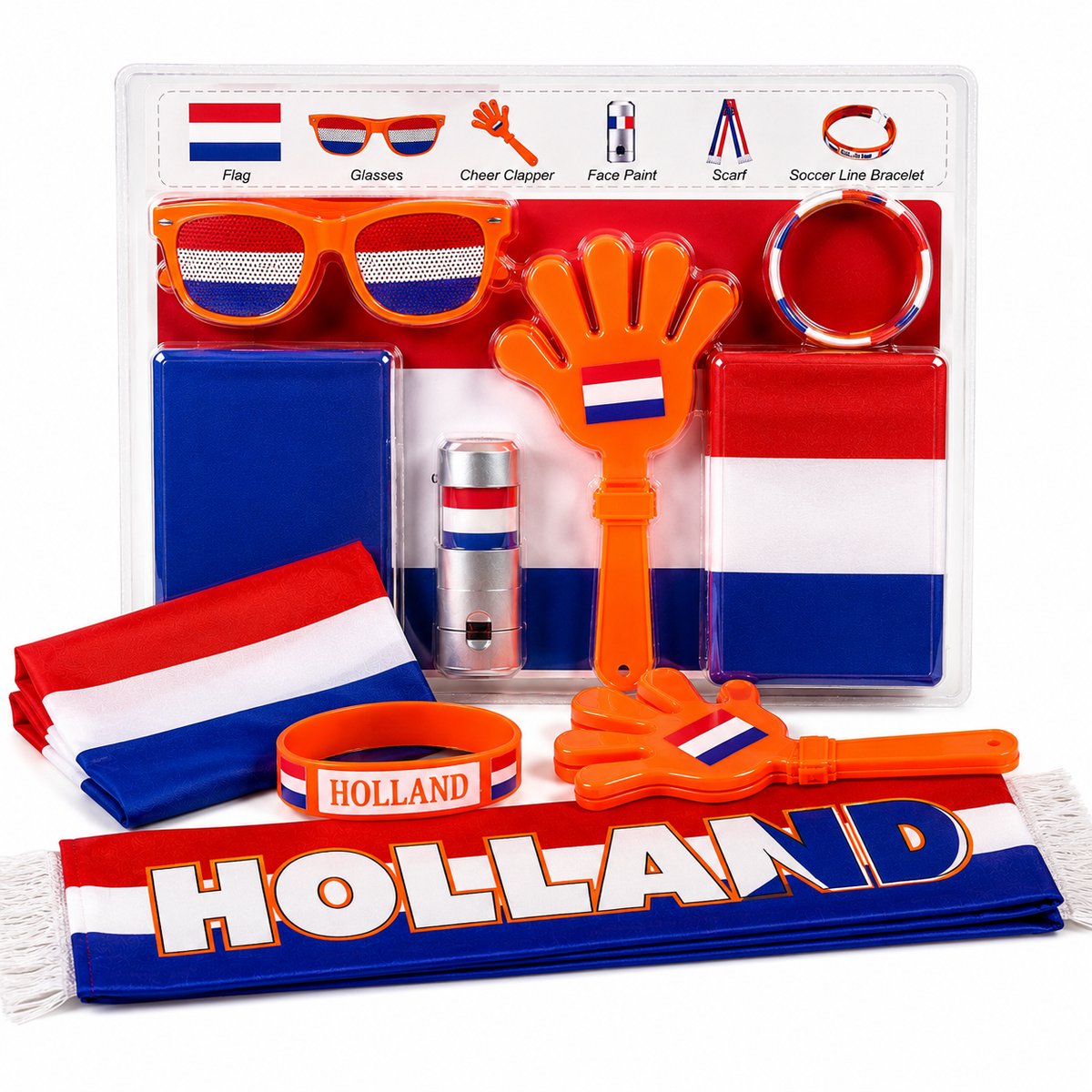 Nederland Voetbal Supporterskit/Feestartikelen voor WK 2026 – Complete Fan Party Feest Set met Vlag, Bril, Sjaal, Armband en Schmink