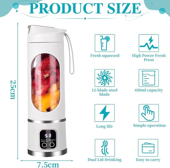 Deze draagbare blender heeft 12 messen, een inhoud van 450 ml, is lichtgewicht en draagbaar (500 g), heeft 3 snelheidsstanden, werkt met 12.000 toeren per minuut en wordt geleverd met een oplaadbare USB-C-batterij en een sapbeker. — afbeelding 3