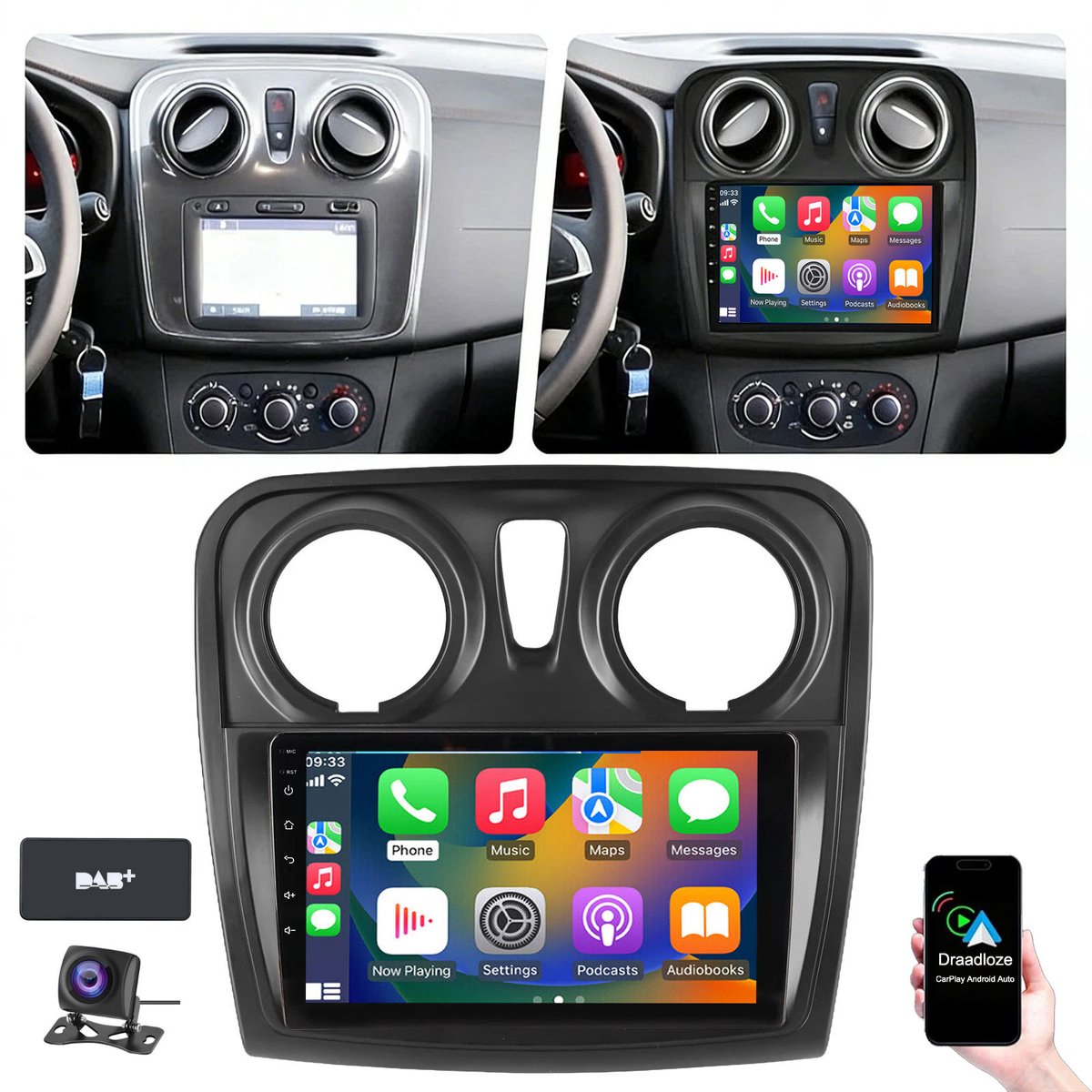 ESSGOO Autoradio geschikt voor Renault Dacia Logan 2 Sandero 2012-2017 - Apple Carplay en Android Auto - Navigatiesysteem - WIFI RDS FM Bluetooth - Andriod 15 - 4+64G - Achteruitrijcamera - DAB+