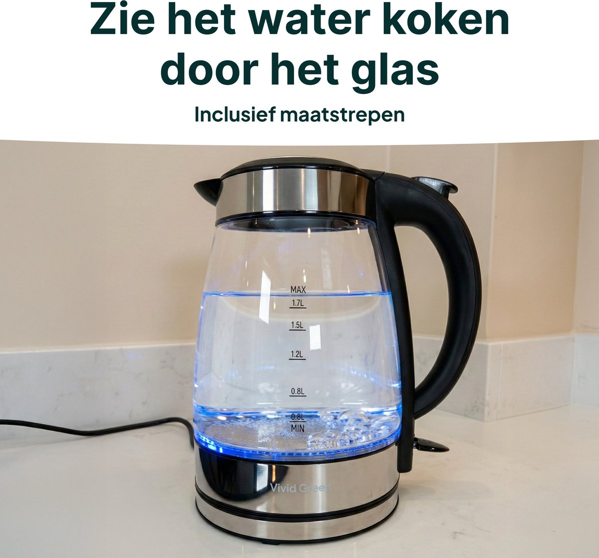 Vivid Green Glazen Waterkoker - 1.7L – 2200W - PFAS-vrij - Kalkfilter - Led Verlichting - Glas — afbeelding 6