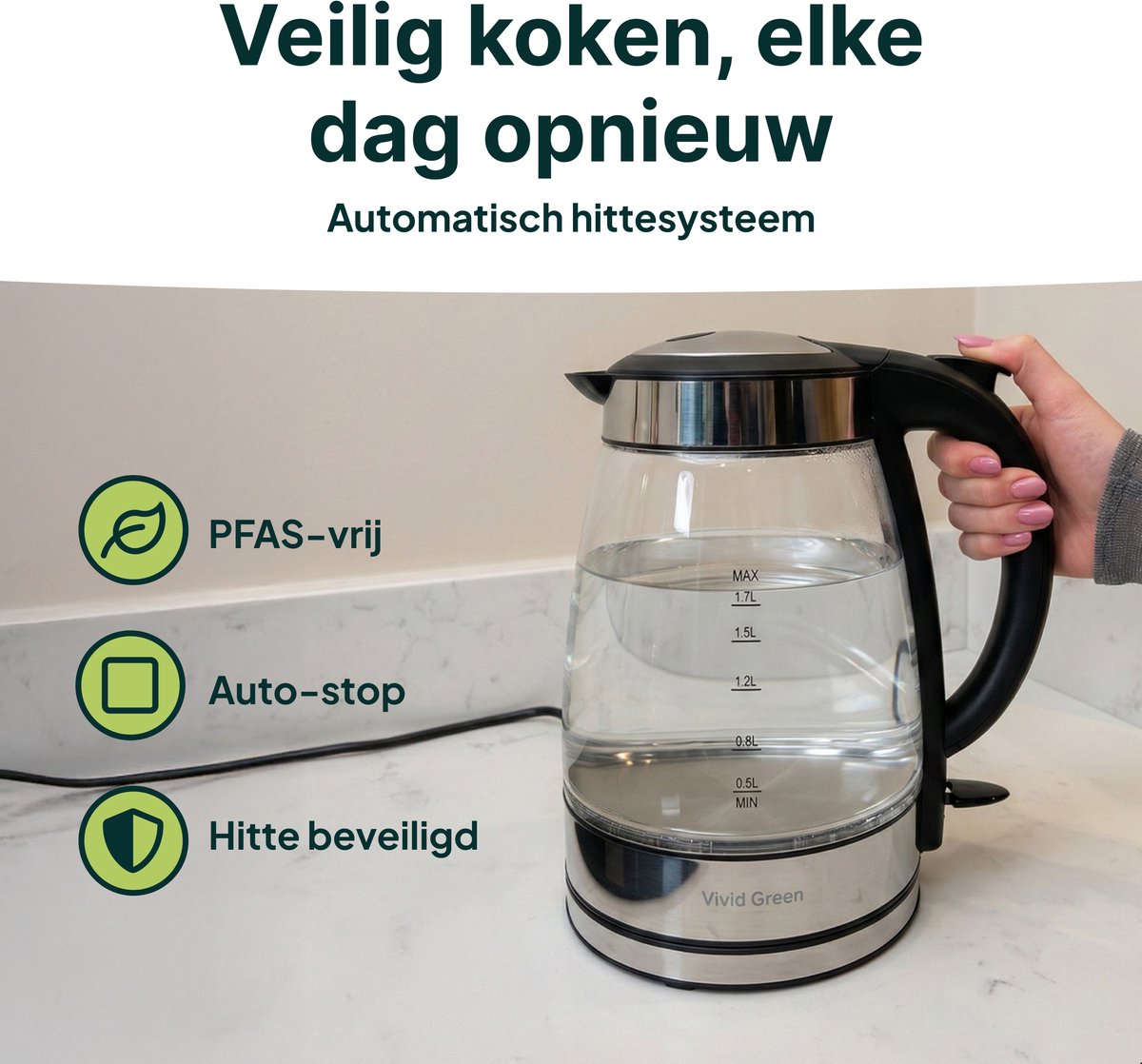 Vivid Green Glazen Waterkoker - 1.7L – 2200W - PFAS-vrij - Kalkfilter - Led Verlichting - Glas — afbeelding 4