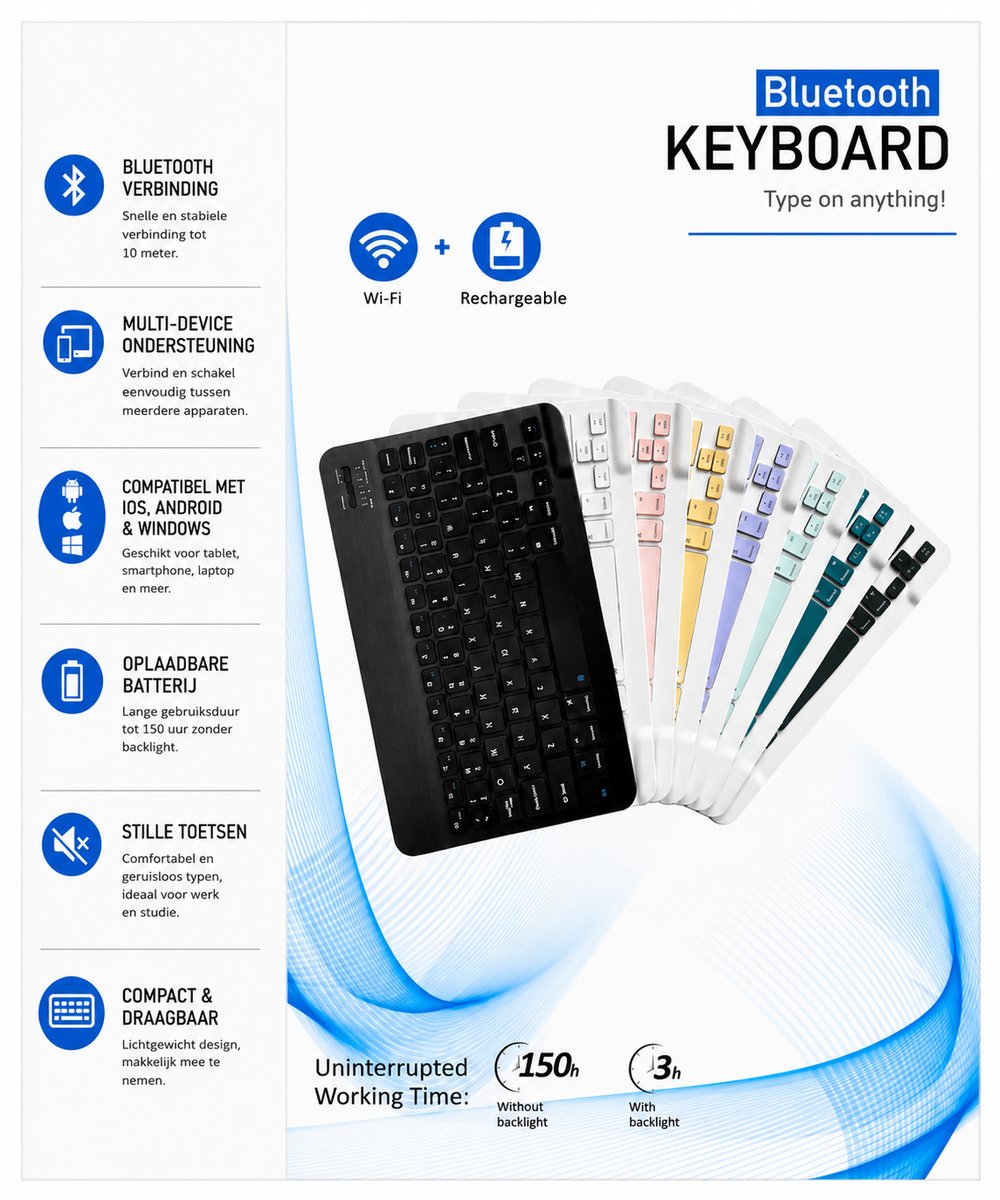 Draadloos Bluetooth Toetsenbord – Oplaadbaar Multi-Device Keyboard met Backlight – Geschikt voor iPad, Tablet, Laptop & Smartphone – Slim & Compact | Wireless Bluetooth Keyboard