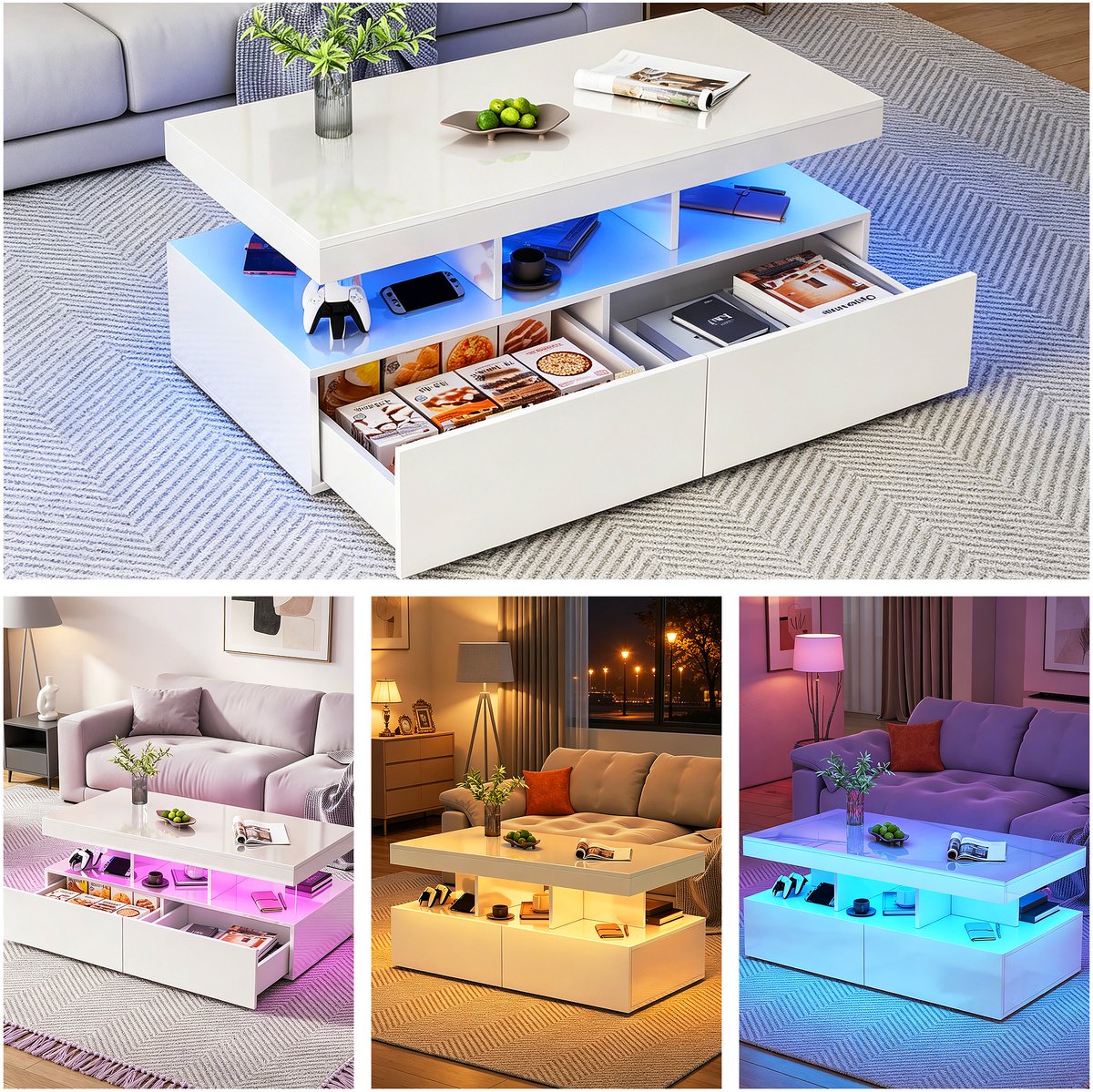 ROSAHQNDA Salontafel met 2 lade， woonkamertafel met LED ,Banktafel，Hoogglans, Afgesloten opslagruimte, voor woonkamer,wit， 104x53x46cm