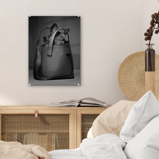 Peinture sur verre - Chien dans un sac à main - noir et blanc - 30x40 cm - Peintures sur Verre Peintures - Photo sur Glas