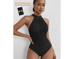 Body Dames – Elegante Zwarte Halter Body – Luxe Kwaliteits Bodysuit – Sexy Festival Look – Clubwear – Verfijnde Witte Lingerie Top – Stretch & Shaping – Lingerie Body Erotisch – Sexy Body – Bodystocking – Statement Piece – Maat XS/S, M, L, XL