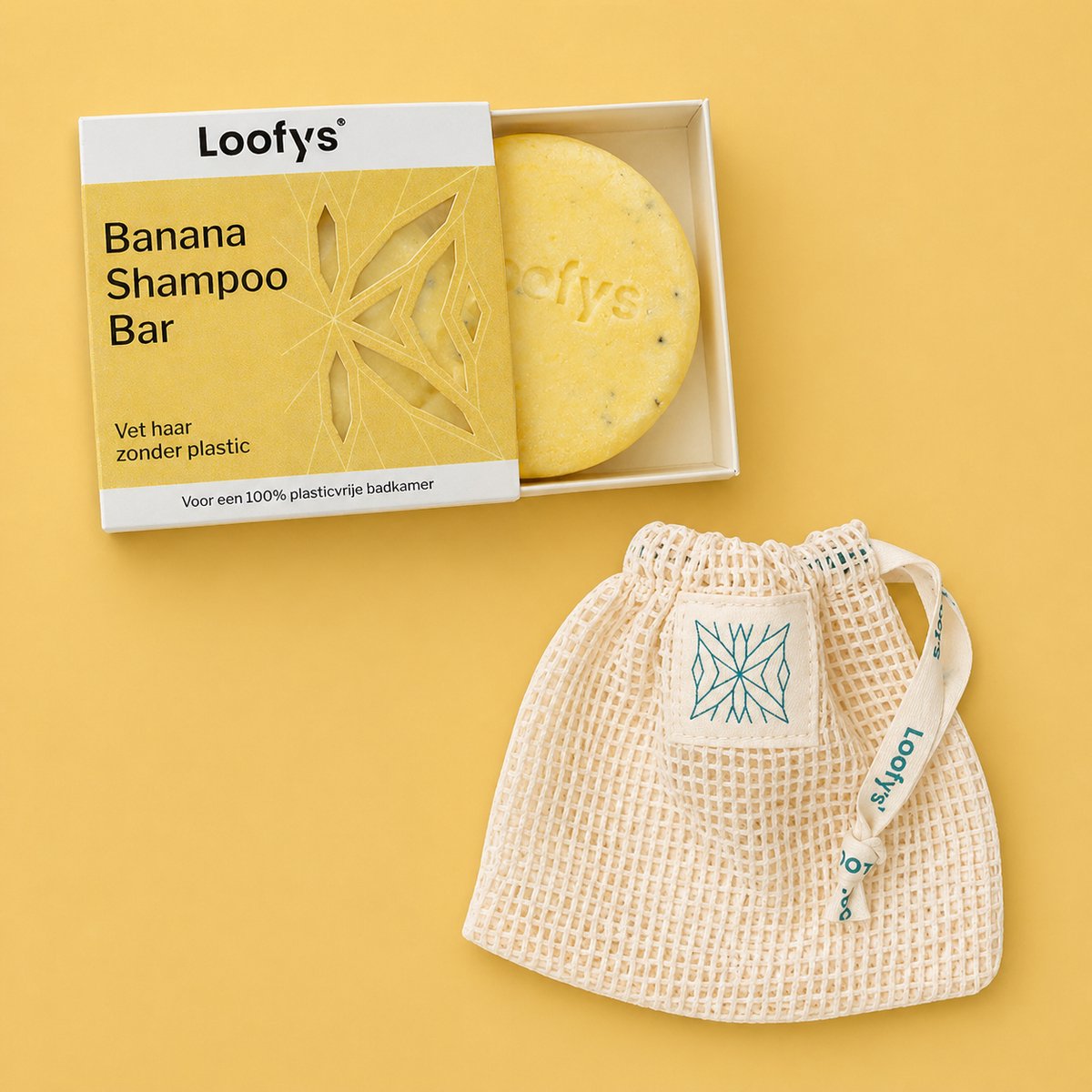 Loofys Shampoo Bar Banana met Zeepzakje - Vaste Shampoo voor Vet Haar - Duurzaam en Plasticvrij - Shampoo Bar Set - 60g