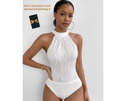Body Dames – Elegante Witte Halter Body – Luxe Kwaliteits Bodysuit – Sexy Festival Look – Clubwear – Verfijnde Witte Lingerie Top – Stretch & Shaping – Lingerie Body Erotisch – Sexy Body – Bodystocking – Statement Piece – Maat XS/S, M, L, XL