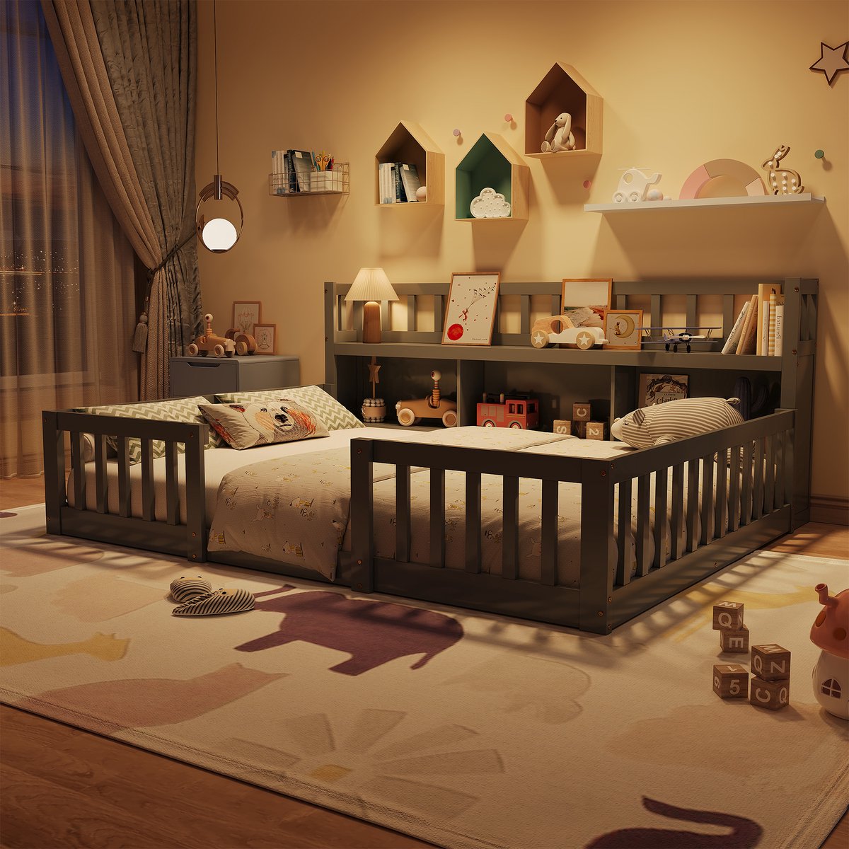SHOPENTRA Montessori Kinderbed 140x200 cm Grijs - Houten Vloerbed met Boekenplank, Veiligheidshekken en Lattenbodem