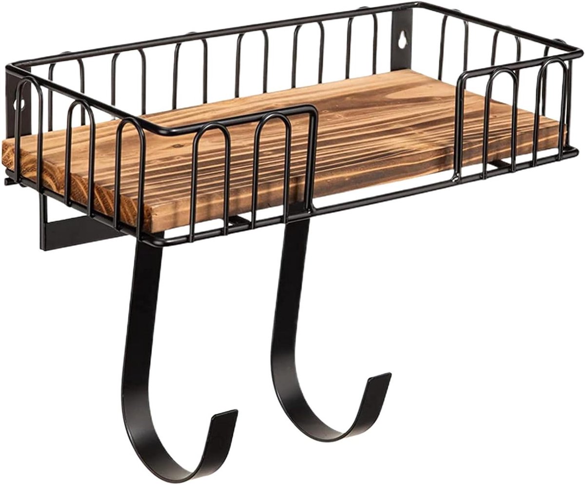 Strijkplankhouder - Wandrek - Ruimtebesparing - Met houten mand - 33.8 x 18.9 cm - Zwart