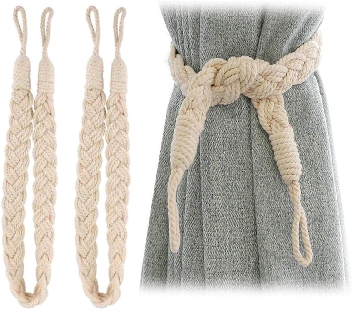 Dailygoods - Gordijntouw Terugslagen - Handgebreide Gordijnen Banden - Beige Katoen - Drape Houders - Sterk en Duurzaam - Geschikt voor Venster