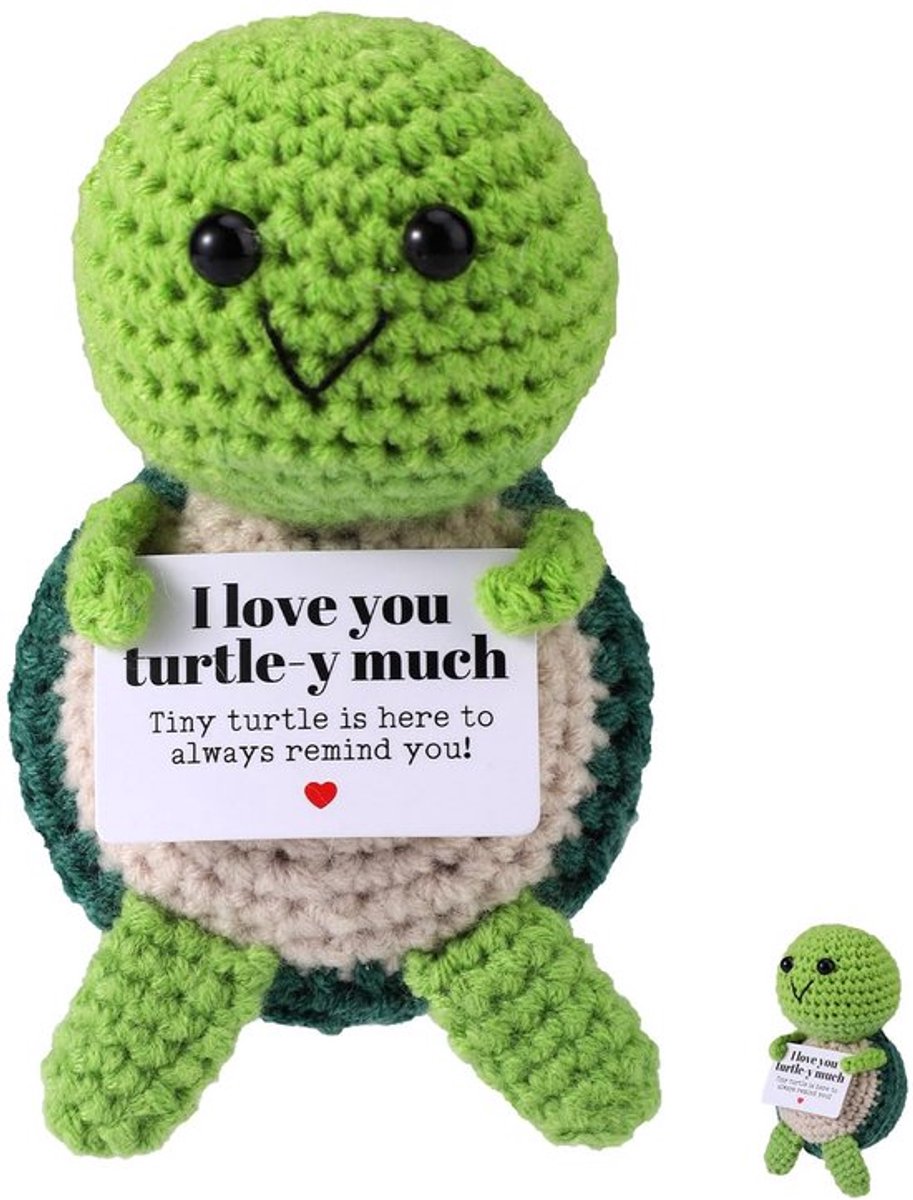 Positieve Turtle Crochet, I Love You Turtle-Y Much Emotion Pop met sleutelhangerhaak Mini gebreide dieren Positieve cadeau voor thuiskantoordecoratie