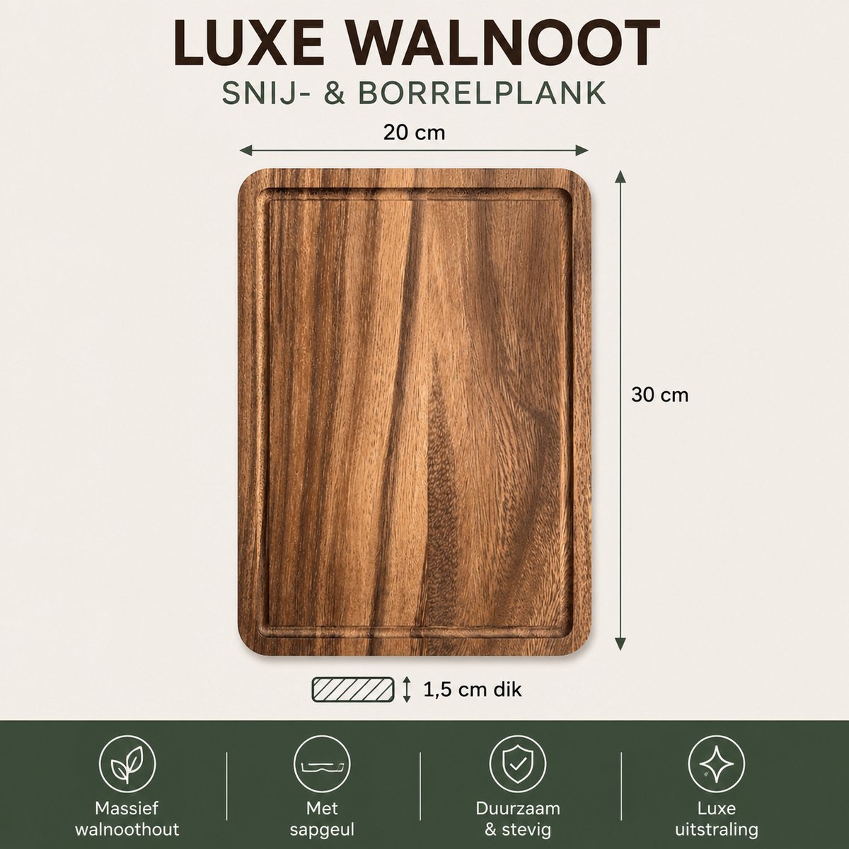 Snijplank - Borrelplank - Accessoires - Amerikaans Walnoot Hout - 30 x 20 x 1.5 cm