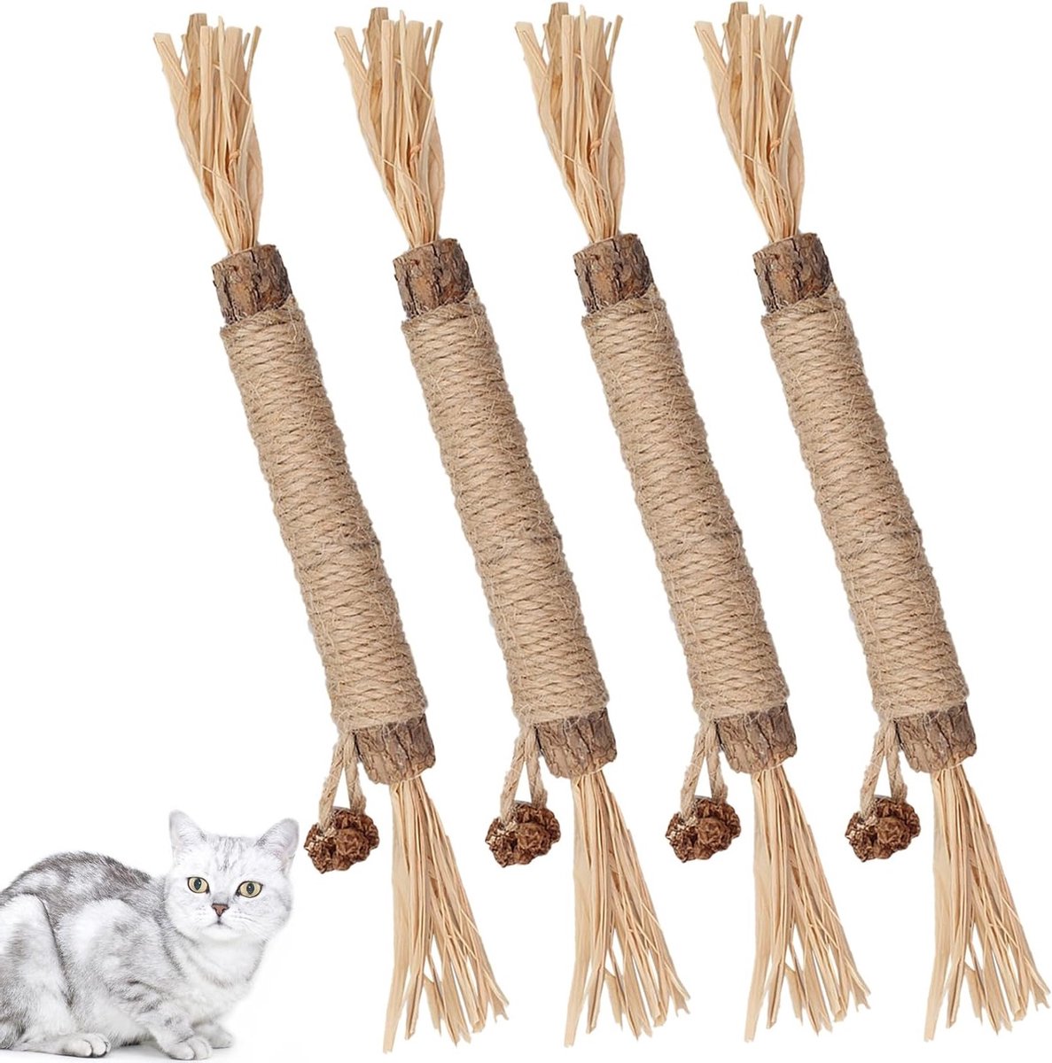 Thijox - 4 Stuks Kattengrassticks voor Katten, Kauwstokjes, Matatabi, Kattenkruid, Natuurlijk Speelgoed, Tandverzorging, Mondreiniging, Speelgoed voor
