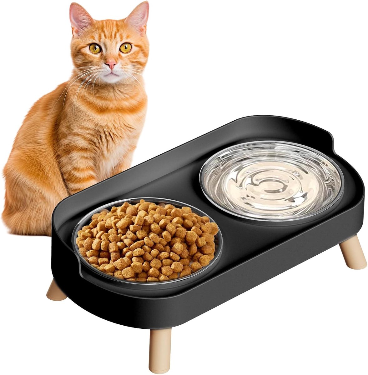 Voerbak - Dubbele voerbakset voor hond/kat - Verhoogde voerbakset - 400 ml - Halsbescherming - Spatwaterdicht - Geschikt voor katten en kittens - Vaatwasmachinebestendig - 32,5 x 17 x 10 cm - Zwart