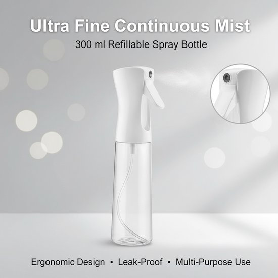 300 ml hervulbare spuitfles met continue ultrafijne mist en ergonomisch ontwerp.