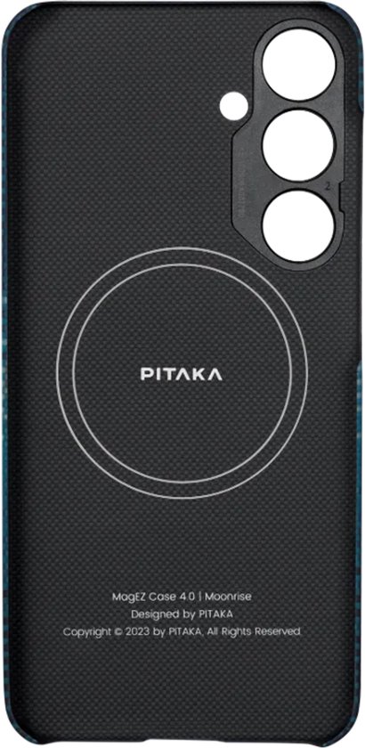 Zwart telefoonhoesje met blauw geruit patroon aan de zijkant, MagEZ Case 4, Moonrise, PITAKA logo.