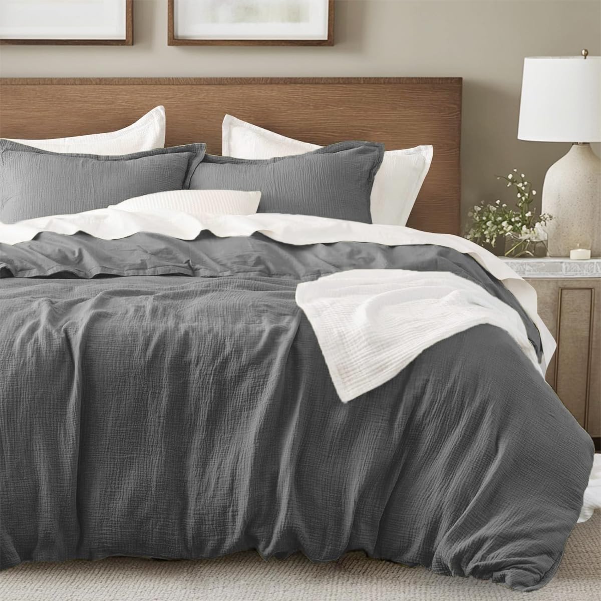 Jhubersproducts - Beddengoedset - Dubbel mousseline - Behaaglijk en zacht - 135 x 200 cm - Donkergrijs - Ademend katoen - Geschikt voor elke slaapkame