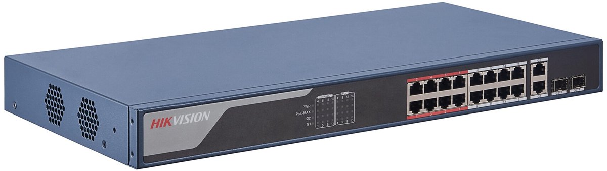 Hikvision DS-3E318P-EL 16× Fast Ethernet PoE Switch met 2× Gigabit uplink, 250W PoE budget, 6kV surge protection voor CCTV en IP-netwerken