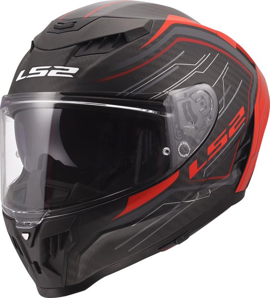 Vue latérale d'un casque de moto noir avec détails graphiques rouges et gris et aspect carbone. Visière complète.