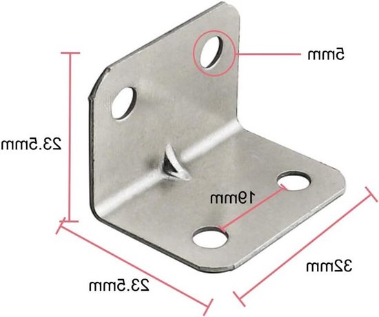 100 Stuks RVS Hoekbeugels, L-vormige Steunbeugels voor Zware Toepassingen, 90 Graad Hoekbeugels voor Planken en Meubels, 32x23.5mm — afbeelding 5