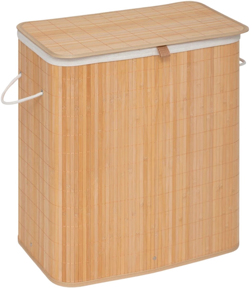 5five wasmand van bamboe met deksel - 2 compartimenten, 100 liter, naturel, 52 x 32 x 63 cm