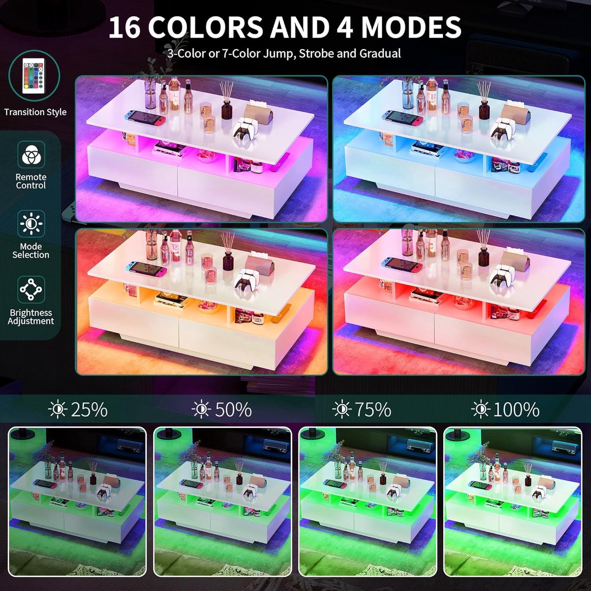 Salontafel met LED verlichting 16 kleuren – hoogglans wit moderne salontafel met opbergruimte, 4 lades en open display vak – 90x55x41,1 cm – House&Garden design woonkamer tafel
