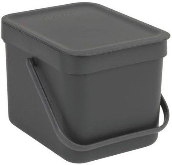 Boîte à compost Brabantia gris foncé avec couvercle et poignée de transport.