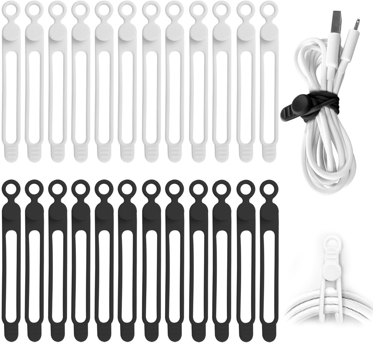 Jhubersproducts - Silicone Kabelorganizer - Herbruikbaar en veelzijdig - Multi-Purpose - Wit en Zwart - Ruimtebesparend - Geschikt voor snoeren en kab