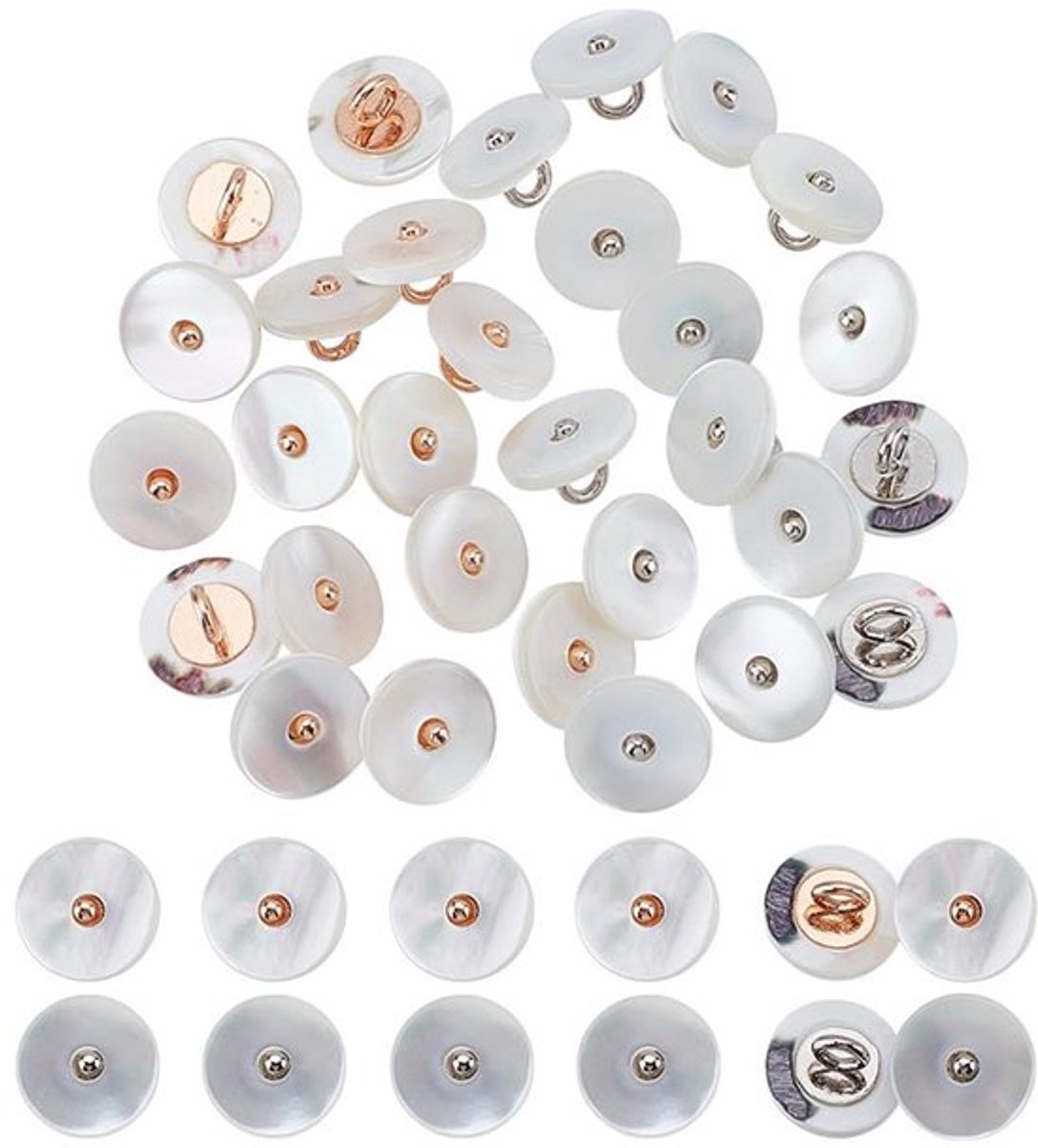 Set van 30 schelpknopen van 11 mm met witte parelmoer en gouden of zilveren schacht, ideaal voor kostuums, naaien, knutselen en decoratieve toepassingen met 1,8 mm boring
