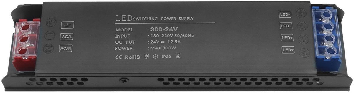 Zeynomax - 240V naar 24V Transformator - LED Voeding - Ultra Slim - 300W - Ideaal voor LED Strips - 20.5cm - Geschikt voor Diverse Toepassingen