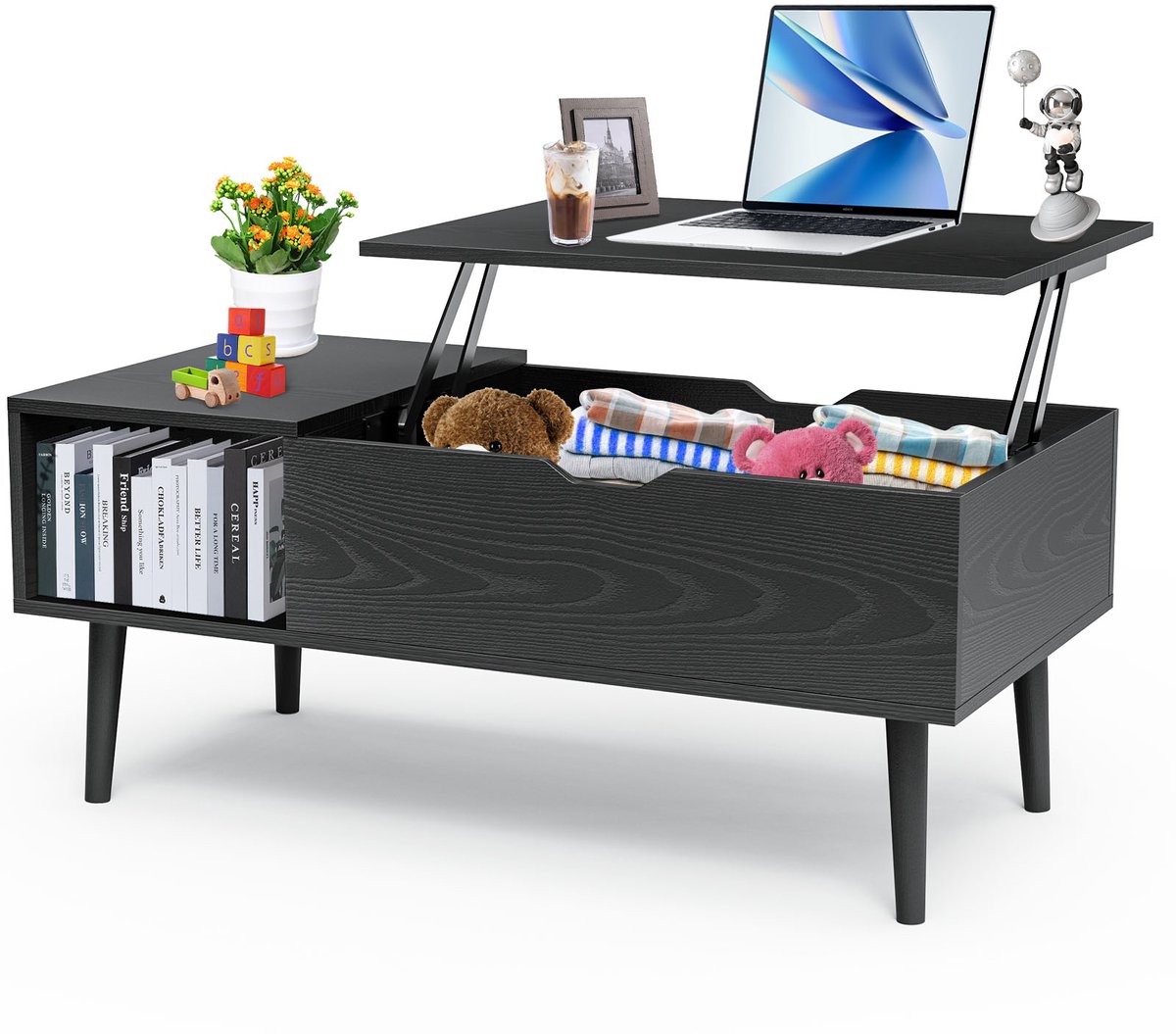 Verstelbare Salontafel 100×50 cm – Houten Lift-top Koffietafel met Opbergfunctie en Open Opslagruimte – Moderne Woonkamer Tafel