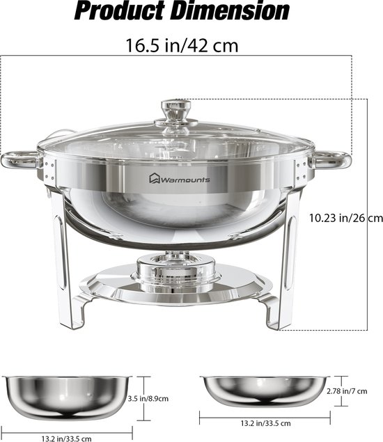 Warmounts 4-delige Ronde Chafing Dishes Buffetwarmer 4,7L - RVS met Glasdeksel, Stapelbaar, Met Dekselhouder - Party & Buffet Verwarming — afbeelding 4