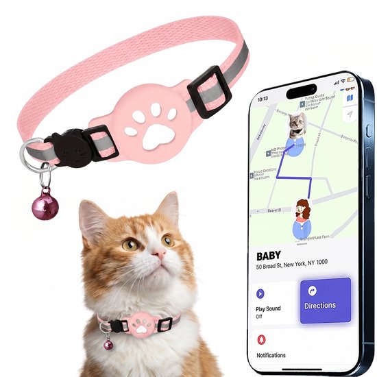 Roze kattenhalsband met pootafdruk en iPhone met kaart, naast een oranje kat.