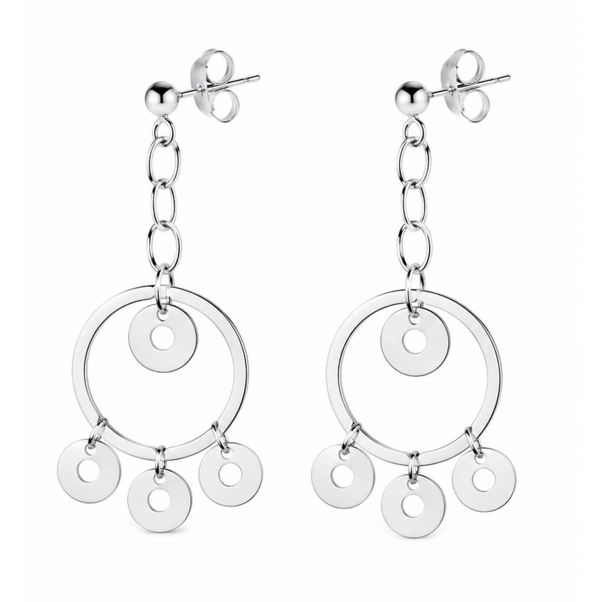 Zilveren Oorbellen Dames met Ronde Bedels – Gerhodineerd Zilver – Hangoorbellen 4,2 cm