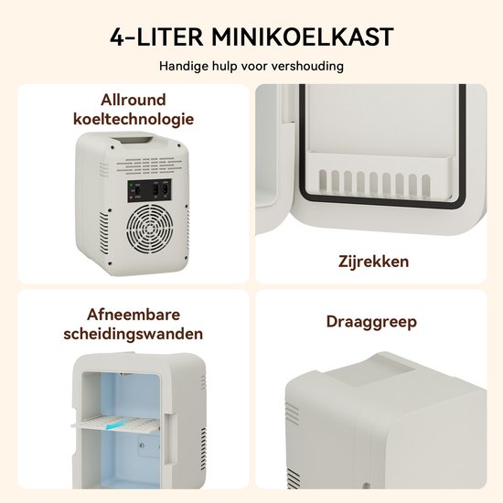 Puluomis - Mini koelkast 4L - Skincare & make-up fridge - 12V & 220V - Koel & warm - Auto koelkast - Compact - Beige van Merkloos — afbeelding 2