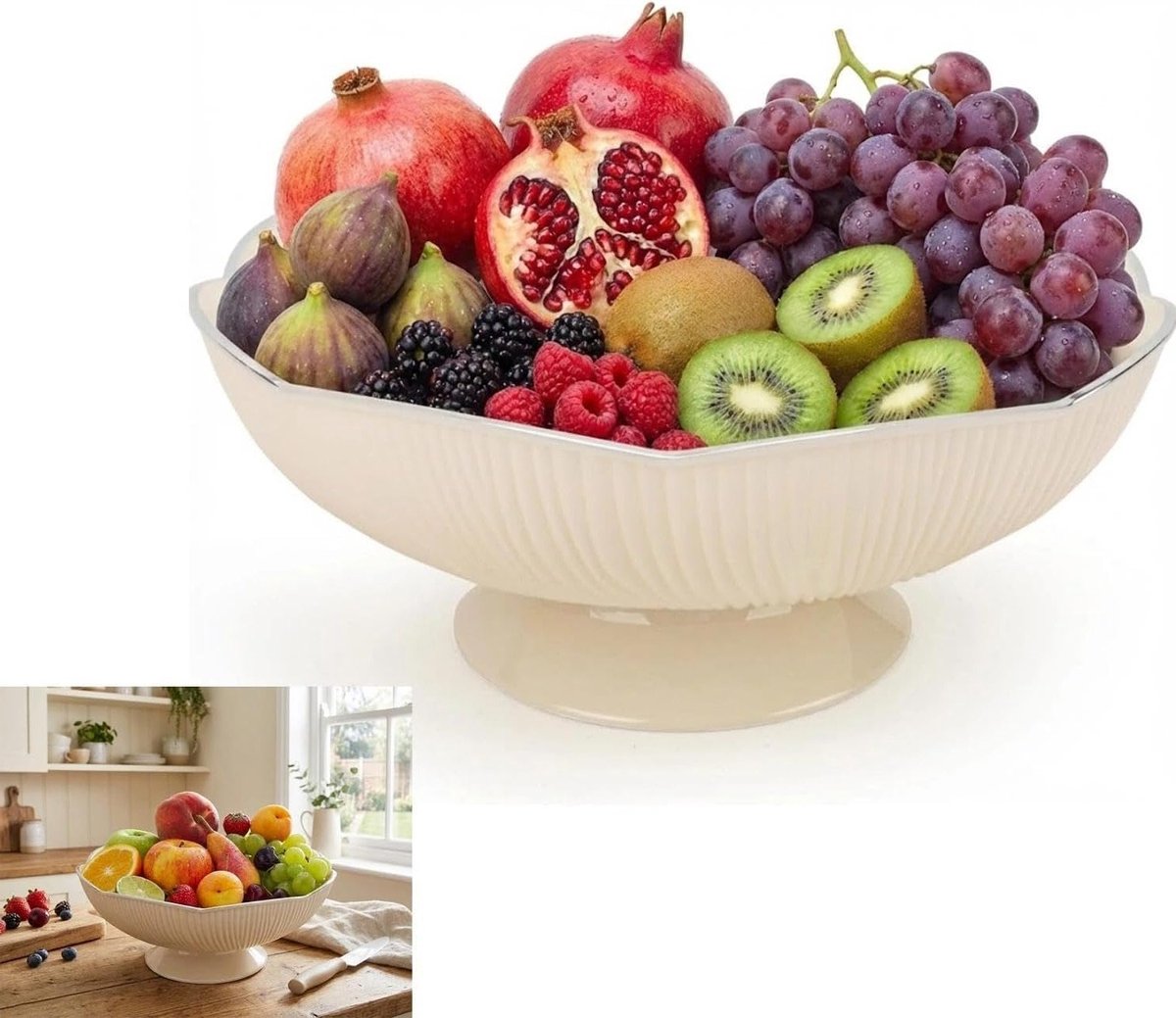 Grote fruitmand met afvoergat voor het bewaren van fruit, decoratie voor woonkamer en keuken, gestreept en wit.