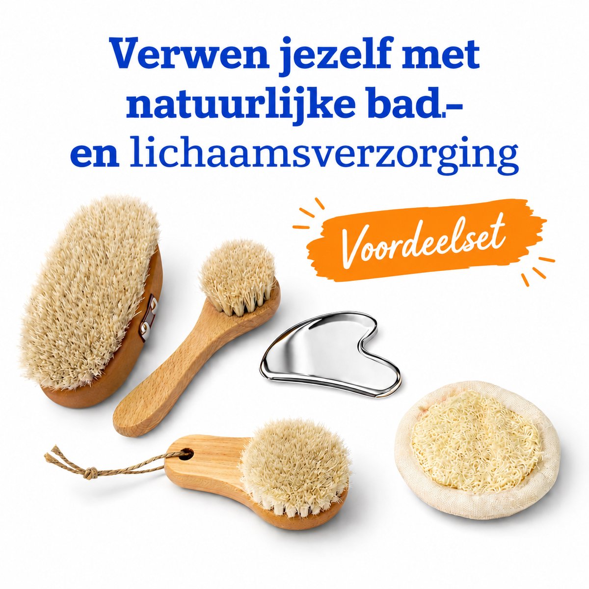 Natuurlijke Lichaamsverzorgingsset – Droogborstel, Gezichtsborstel paardenharen en geitenhaar, Loofah Spons & RVS Gua Sha - cadeau - moederdag