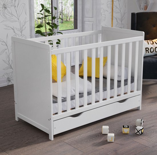 Love For Sleep Matilda Babybedje 2-in-1 – Meegroeibed 120x60 cm – Inclusief Grote Schuiflade & Veiligheidsbarrière – Massief Grenenhout – Wit