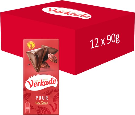 Verkade Puur 52% cacao chocoladereep en een rode doos met 12 repen van 90 gram.