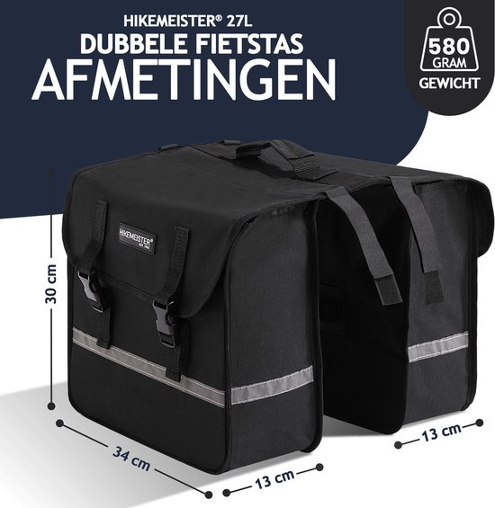 HikeMeister ® - dubbele Fietstas -Fietstassen electrische fietsen- Fietstassen Dubbel - 27L - Reflecterend - Zwart dubbele fietstas