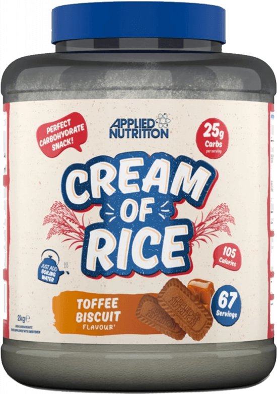 Grijze pot "Applied Nutrition Cream of Rice" met een etiket met "Toffee Biscuit Flavour" en afbeeldingen van toffees.