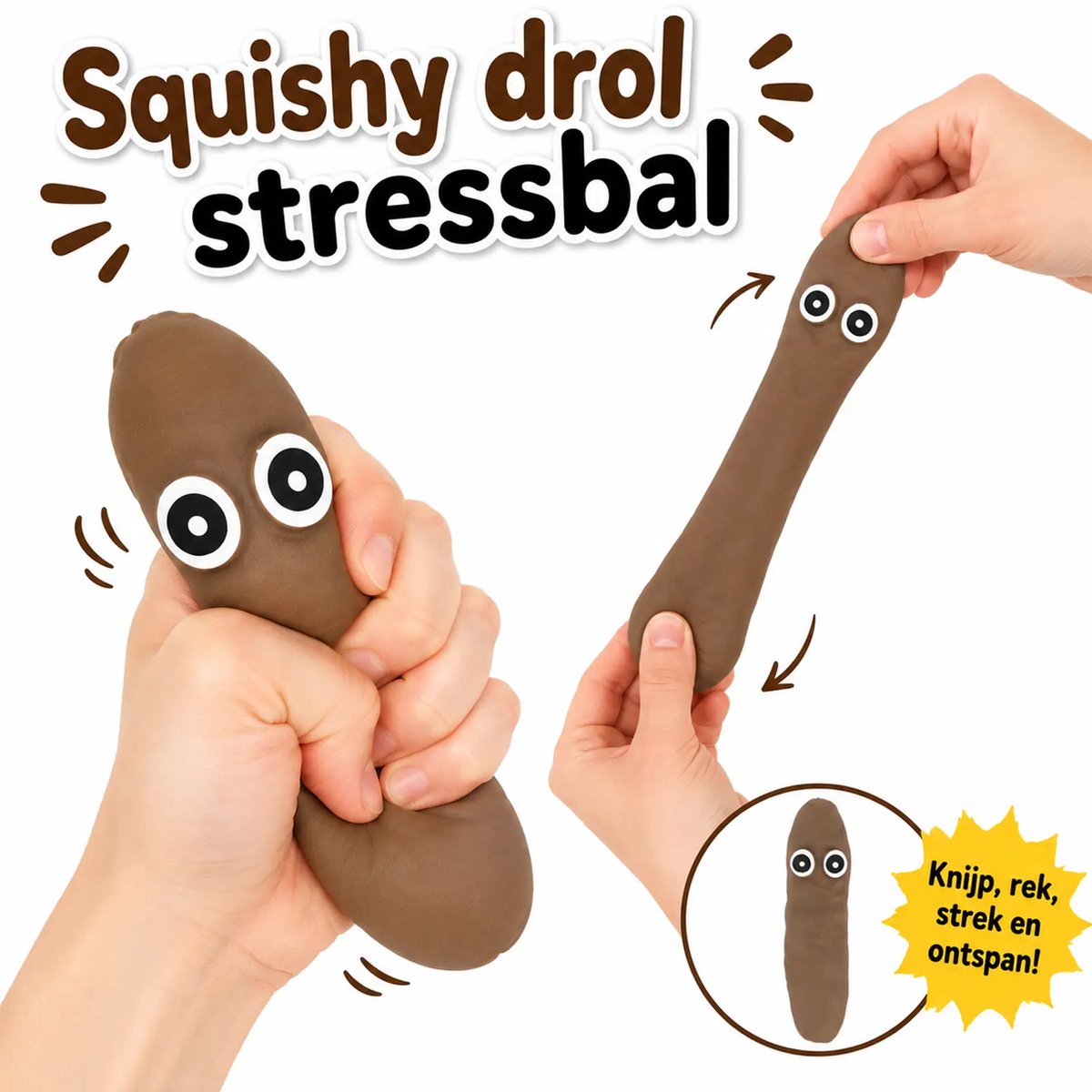 Squishy drol stressbal - 1 exemplaar - Knijpbal voor de hand - 14 cm - Squeezy - Rekbare poep