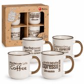 4 Koffiebekers Steengoed – 200 ml – Set van 4 Mokjes met Koffietekst – Metallic Glazuur – Ø 7,7 x 8,1 cm – In Kraftdoos