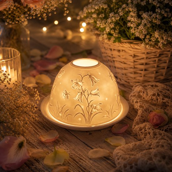 Candle Wisdom – Blauwe Klokjes - Porseleinen waxinelichthouder – Porseleinen theelichthouder - Porseleinen koepel – Sfeerlicht - Cadeau – Geschenk – Valentijn – Moederdag – Verjaardag – Kerst