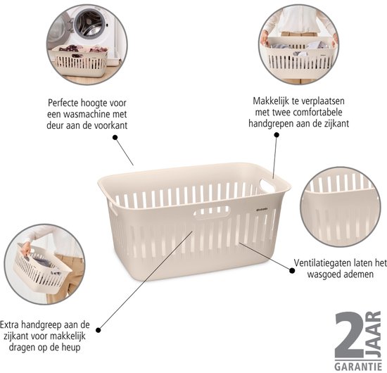Crème wasmand met ventilatiegaten, met handgrepen aan de zijkant en extra handgreep voor op de heup.