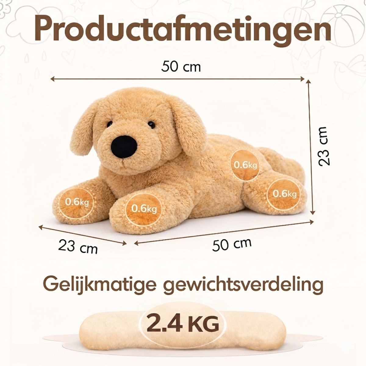 LunaGood® Verzwaringsknuffel hond - Volwassenen & kinderen - 50cm/2.4kg - Verzwaarde knuffel - Weighted stuffed animal - Plushie - Kalmerend - Anti-stress - ADHD - Autisme — afbeelding 8
