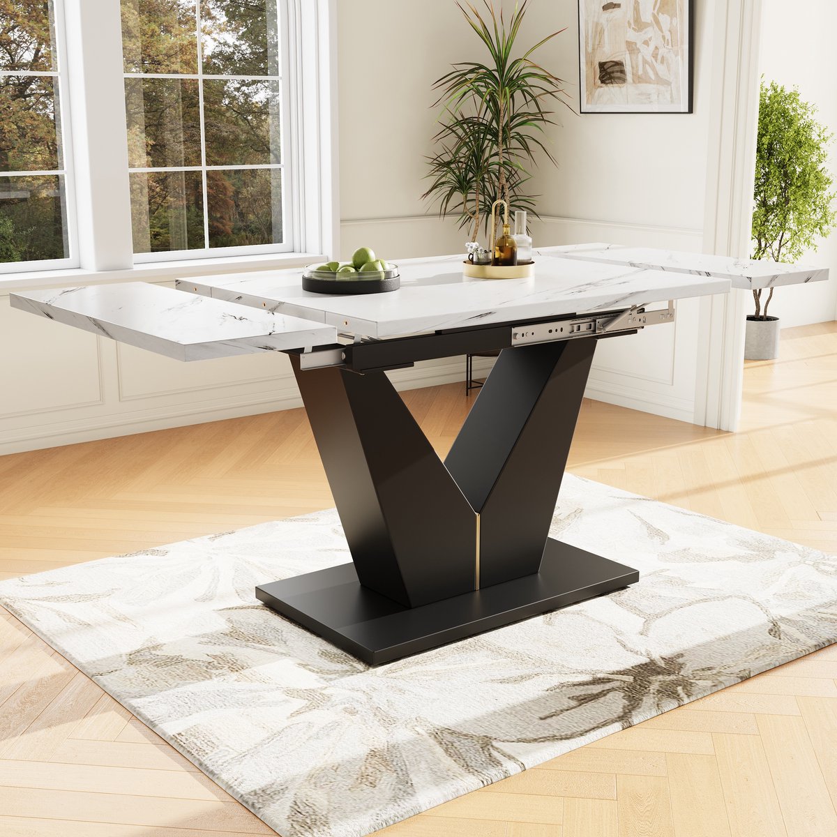 Uitschuifbare Eettafel, Telescopische Eettafel (99-159 × 75 cm), Ruimtebesparende Keukentafel, Breed Werkblad, Flexibel Ontwerp, Geschikt voor Thuiskantoor en Woonkamer, wit Tafelblad met V-vormig Ontwerp