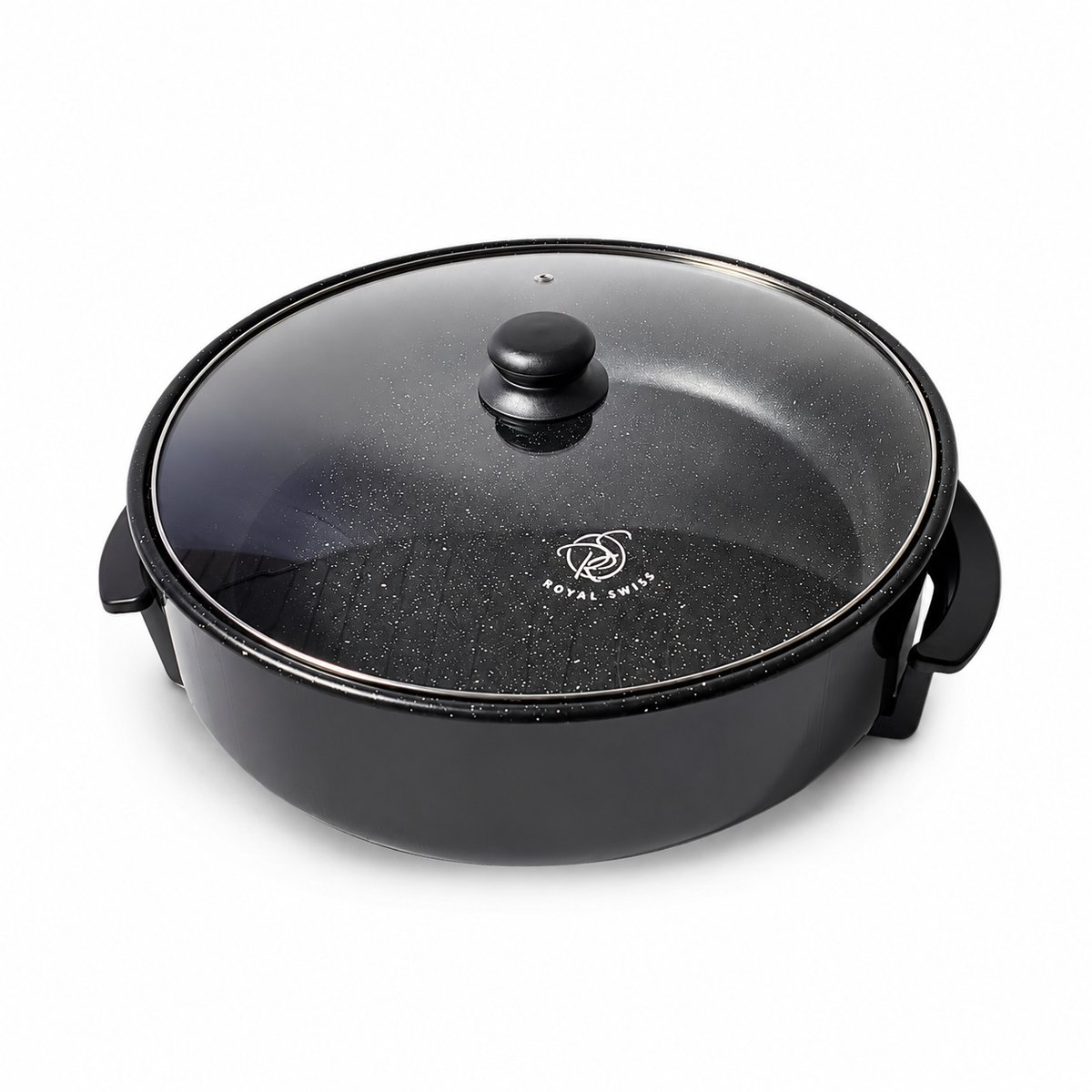 Royal Swiss® – Elektrische hapjespannen – Ø42 cm – 1500W – PFAS-vrij – Anti-aanbaklaag met Deksel en Thermostaat – Paellapan- Hapjespan – Zwart
