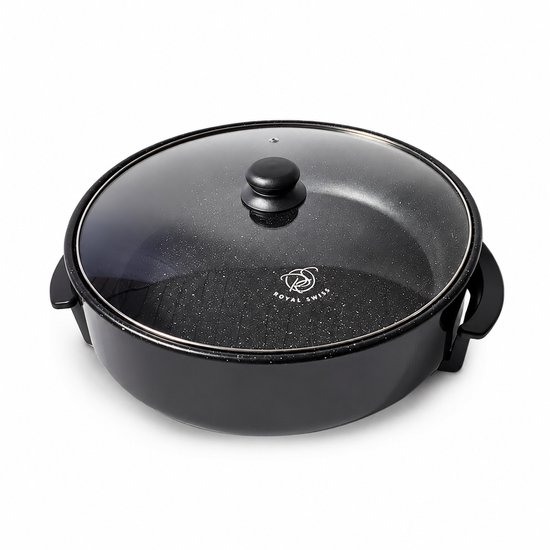 Royal Swiss® – Elektrische hapjespannen – Ø42 cm – 1500W – PFAS-vrij – Anti-aanbaklaag met Deksel en Thermostaat – Paellapan- Hapjespan – Zwart