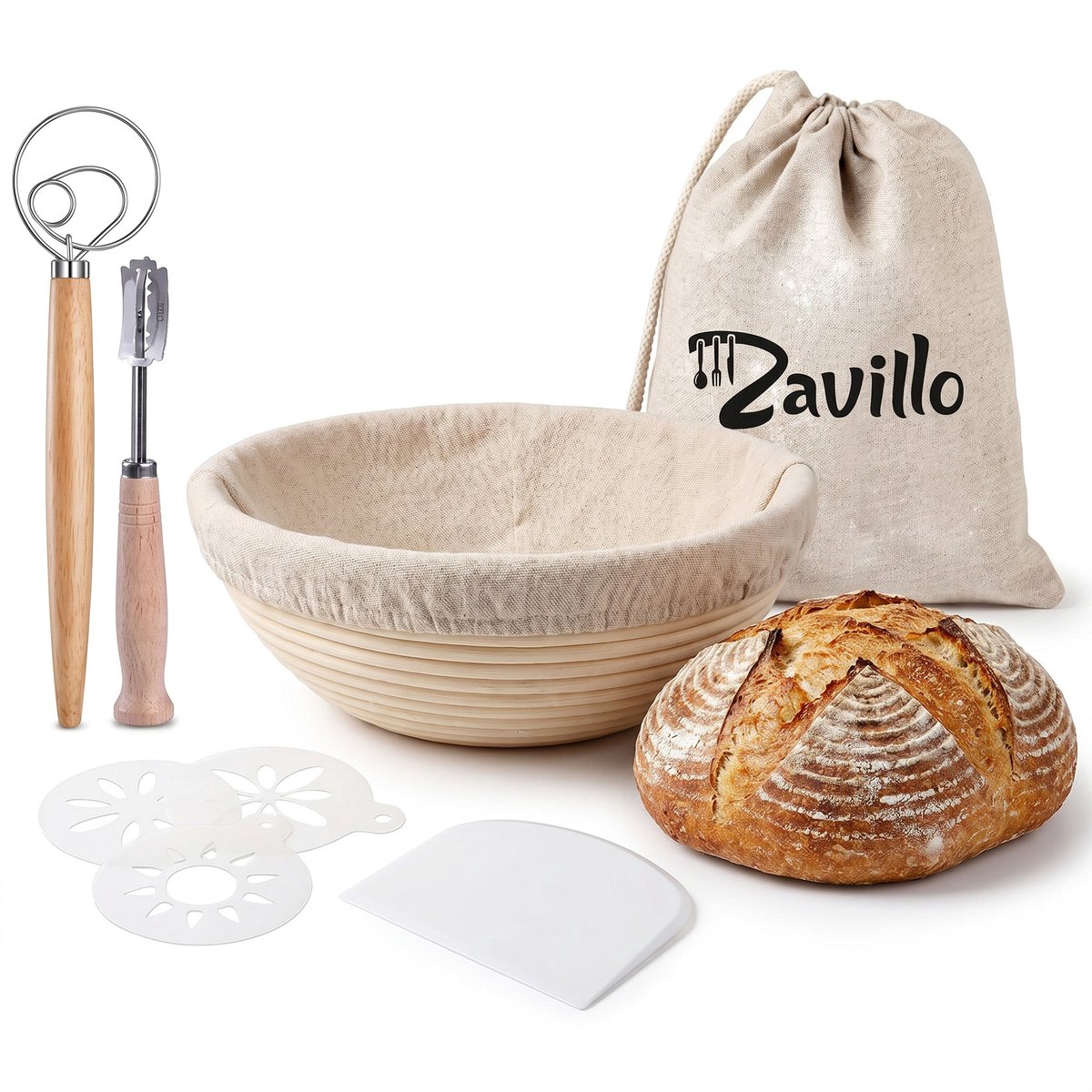 Rijsmand set voor Brood Bakken – Zuurdesem – Banneton – Incl. Deegschraper en Deegmesje – Ø 23cm